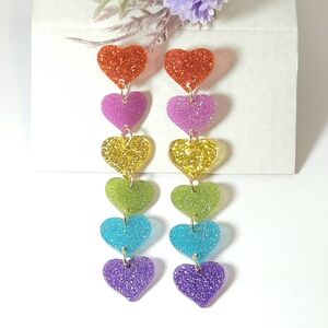 Rainbow Glitter Acrylic Heart Link Dangle Earrings
